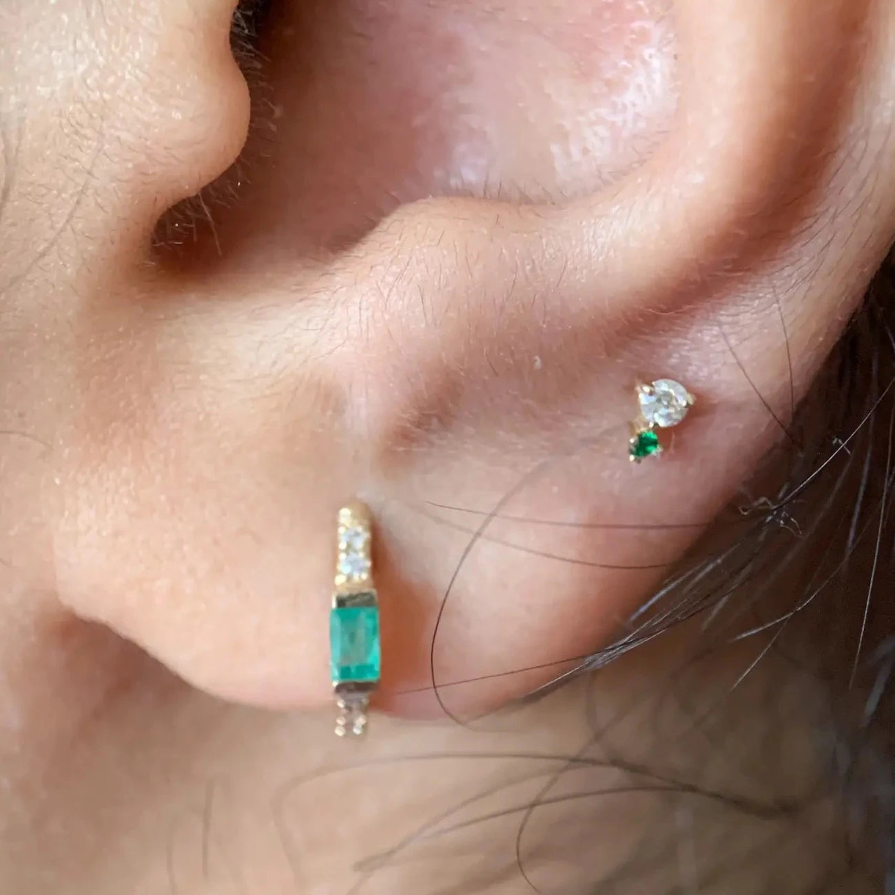 14k EMERALD AND DIAMOND DUO TINY STUDS (PAIR)